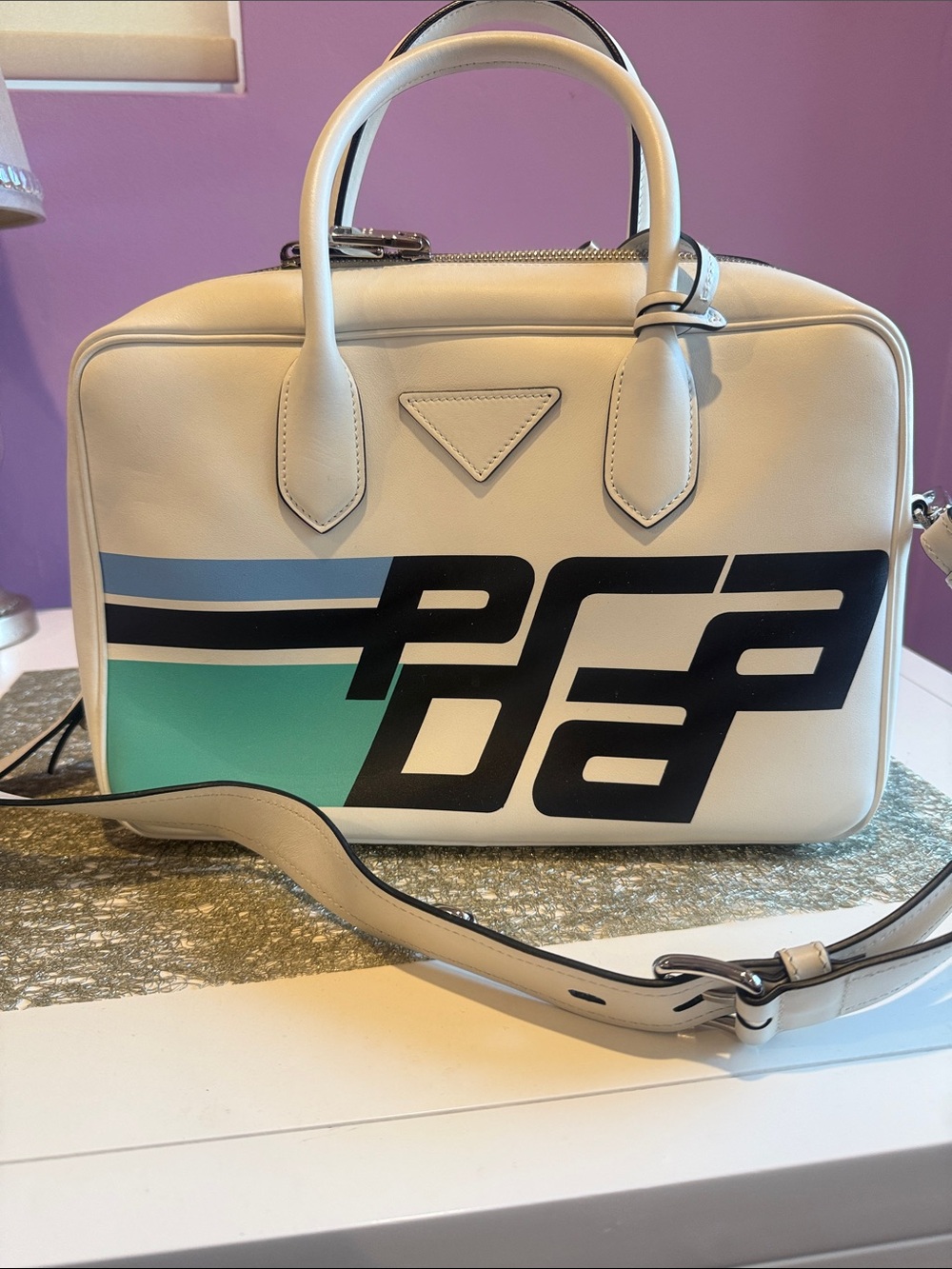Prada White Leather Crossbody with Mint, Light Blue & Black Graphic